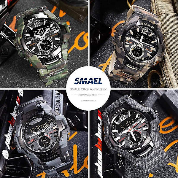 Smael Sport Digitala klockor För Män Army Kamouflage Simning Armbandsur Väckarklocka Kalender Led Bakgrundsbelysning Dual Time Watch 1805 Camo Khaki-Box