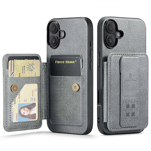 FIERRE SHANN 024 -tyylinen iPhone 16 -kotelo korttipidikkeellä ja jalustalla, vahapintainen nahka + TPU-puhelinkuori Multicolor Style B