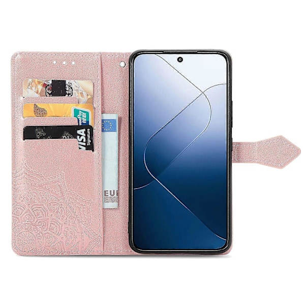 Til Xiaomi 14T Pro Etui Mandala Præget Design Læder Wallet Telefon Cover - Grå Multicolor Rose Gold