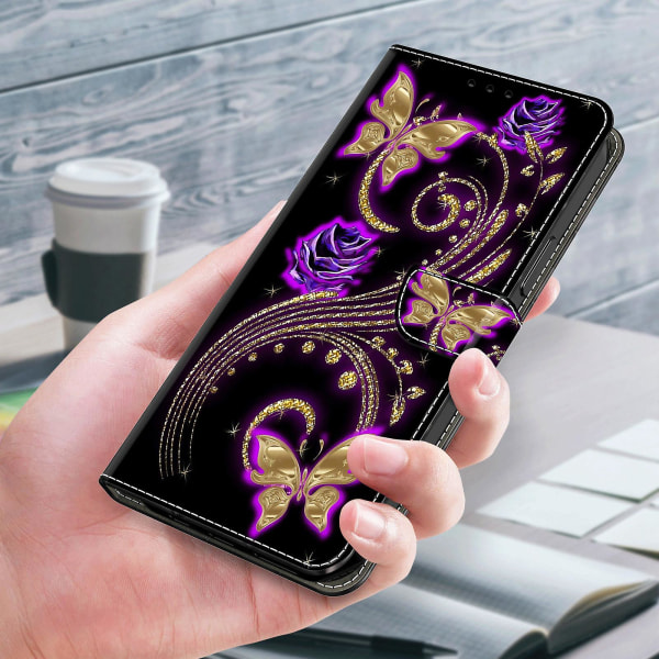 För Sony Xperia 10 V skyddande case 3d-mönsterutskrift Pu- cover med stativ Purple Flowers   Butterflies