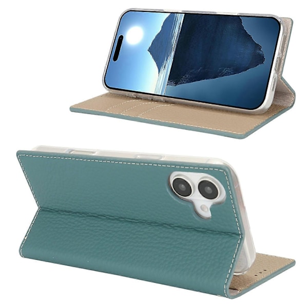 For iPhone 16 Plus Wallet Case Ægte Ko Læder Telefon Cover Litchi Tekstur Multicolor Style D