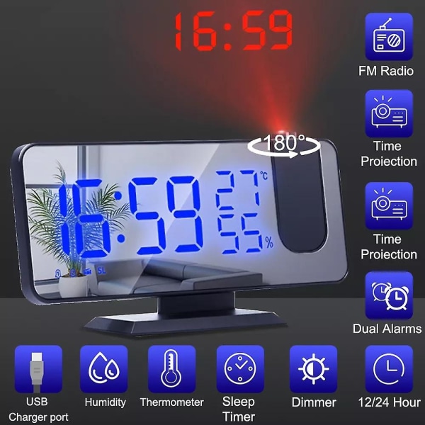 LED Digital Projektions Vækkeur Elektronisk Vækkeur Med Projektion FM Radio Tids Projektor Soveværelse Seng Mute Ur White on Black A