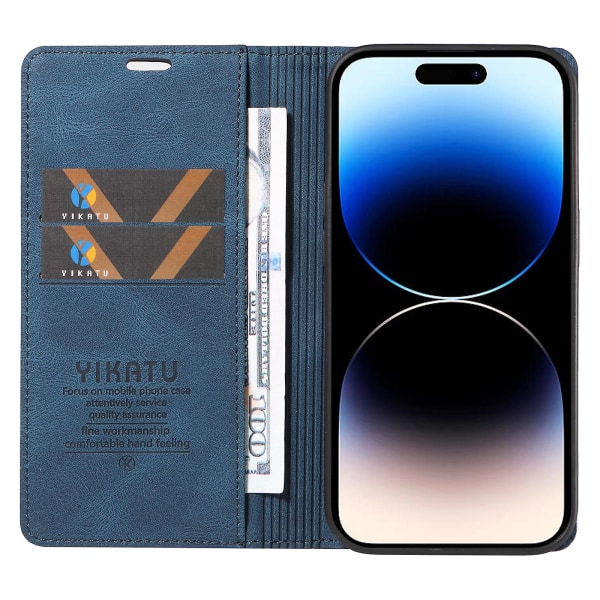 Til Iphone 15 Pro Max Hud-berørings PU Læder Shell Wallet Stand Telefon Cover Blue