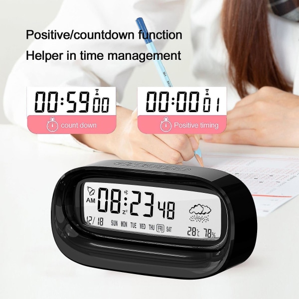 Digitalt Vækkeur, batteridrevet kompakt vækkeur med stort display til soveværelse, kalender, temperaturmåler, LCD-ur med snooze-funktion, LCD Ala