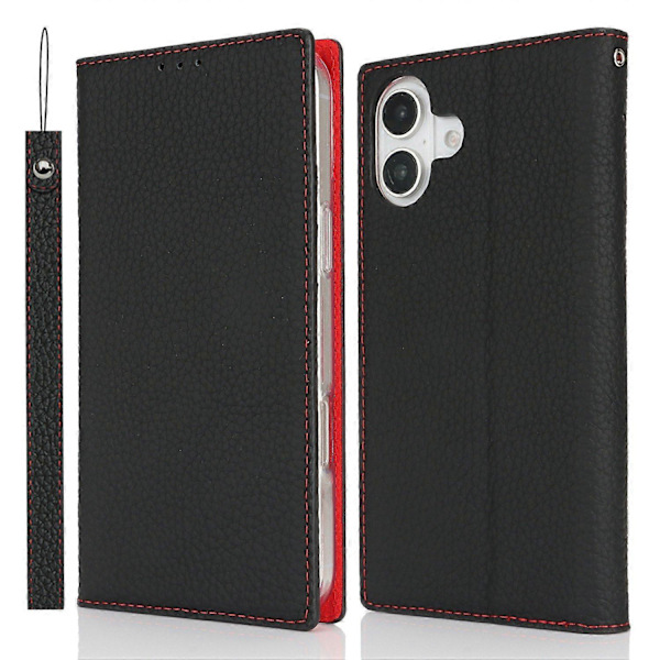 Plånboksfodral för iPhone 16 Plus Äkta Läder Telefonskal Litchi Textur Multicolor Style A