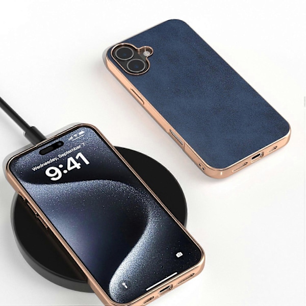 Elektropläterat telefonskal med kohudstextur PU+TPU skyddsfodral för iPhone 16 Plus Multicolor Style D