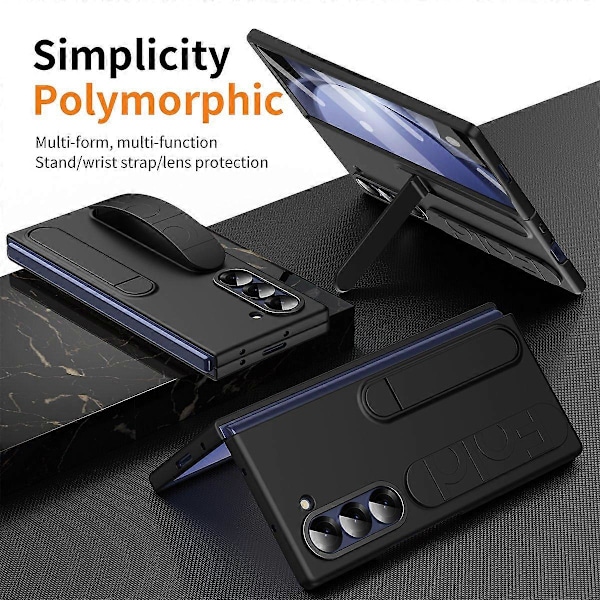 Samsung Galaxy Z Fold5 5G -kotelo, jossa on jalusta, ranneke, PC-puhelinkuori ja karkaistu lasikalvo - Harmaa Multicolor Black