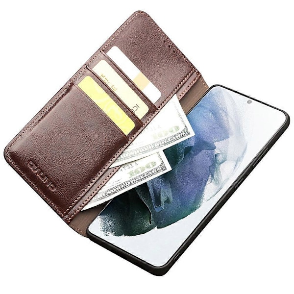 QIALINO Plånboksdesign Äkta Läder Folio Flip Ställ Telefonskal Fodral för Samsung Galaxy S21 4G/5G