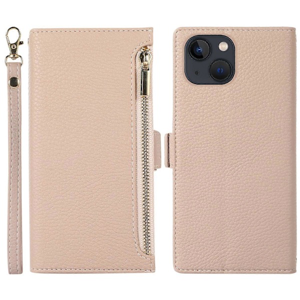 Fodral till iPhone 15 Plus med dragkedjeficka, PU-läder med litchistruktur och rem Multicolor Style C