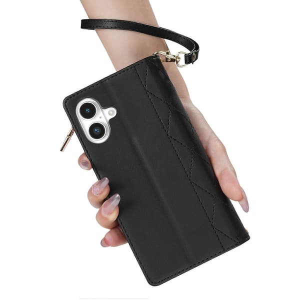 Fodral till iPhone 16, rombmönstrad läderplånbok med lång/kort rem- Multicolor Black
