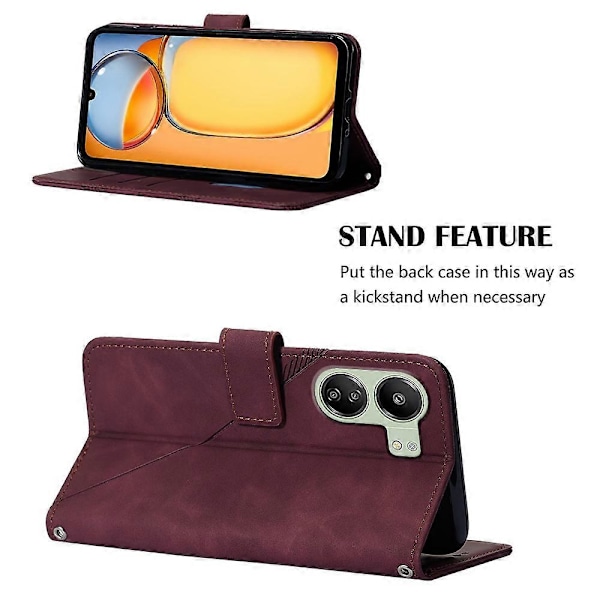 For Xiaomi Redmi 13C 4G/13C 5G/13R 5G/Poco M6 5G/Poco C65 4G Lommeboketui i lær med skulderstropp Multicolor Wine Red