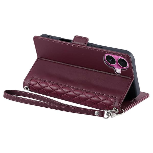 Læderetui med rombemønster, pung og stativ til iPhone 16 Plus med håndledsrem Multicolor Wine Red