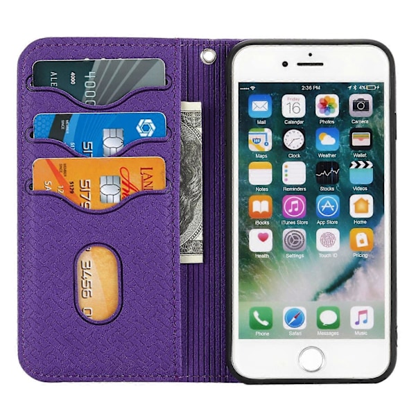 Självabsorberande vävd textur plånboksfodral med handledsrem och stativ för iPhone SE