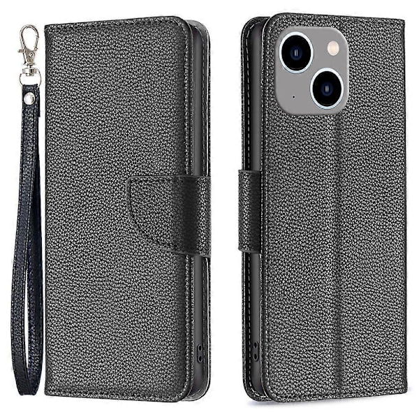 Til iPhone 15 Plus Støvtæt PU Læder Mobiltelefon Cover Wallet Flip Stand Case med Rem Multicolor Style F