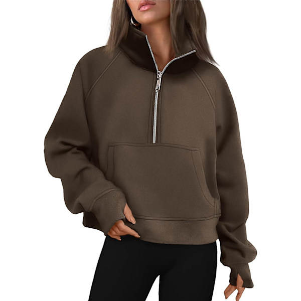 Dame Sweatshirts Halv Lynlås Cropped Pullover Fleece Kvart Lynlås Hættetrøjer Efterårsoutfits Tøj Tommelfingerhul Coffee Large