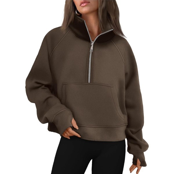 Damtröjor Halv dragkedja Cropped Pullover Fleece Quarter Zipper Huvtröjor Höstkläder Kläder Tumhål Coffee X-Large