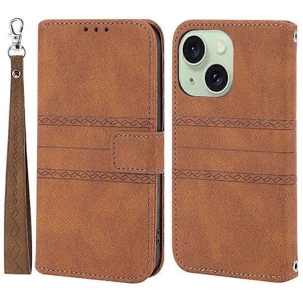 För iPhone 15 Plus Skal Präglat PU Läder Plånbok Anti-fall Telefonskydd med Rem Multicolor Style D