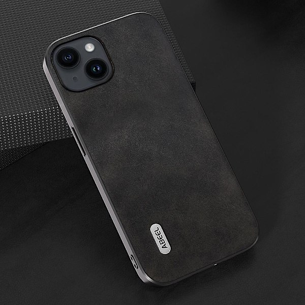 För Iphone 15 Plus case Pu-läderbelagd Tpu+pc Cowhide Texture Cover Black