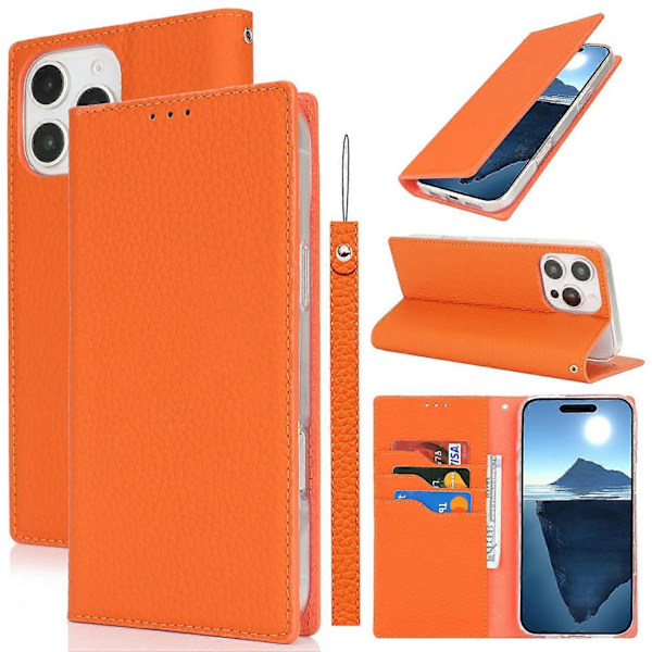 Lommebokdeksel i ekte kuskinn med litchi-tekstur for iPhone 16 Pro Multicolor Style F