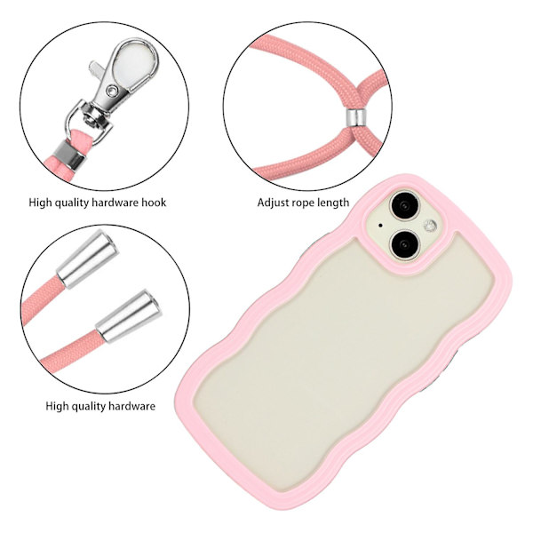 För Iphone 15 Wave Ramform Phone case Pc + TPU Transparent cover med justerbar rem Pink