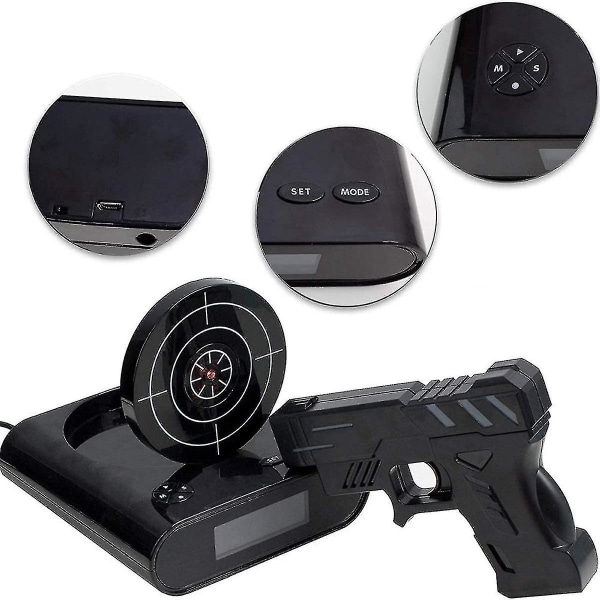 Target Wake Up Alarm Clock, Creative Gun Shooting Alarm Personlig 12-timmars digital display för tunga sovplatser, Nyhetspresent för pojkar, flickor (svart