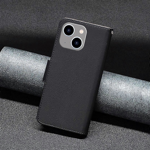 Til iPhone 15 Plus Støvtæt PU Læder Mobiltelefon Cover Wallet Flip Stand Case med Rem Multicolor Style F