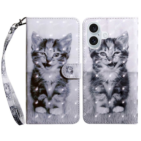 Skal till iPhone 16 Plus med Ställ, Mönstertryck, Läder Telefonskydd - Stående Multicolor Cat