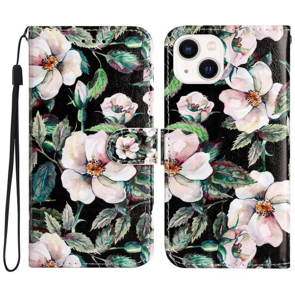 För Iphone 15 Plus Pu Läder Case Mönster Skrivbord Cover Magnolia