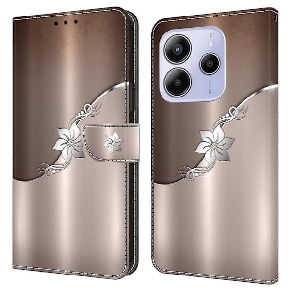 Xiaomi Redmi Note 14 5G Kotelo Magneettilukolla 3D Kuvio Nahkainen Lompakko Puhelinkotelo Multicolor Silver Flower