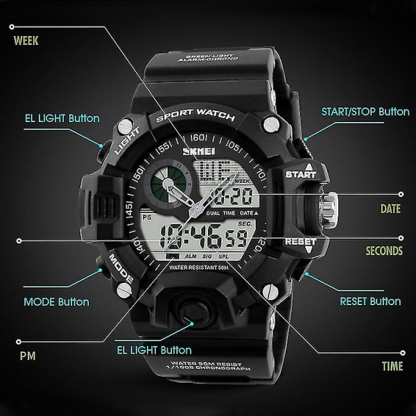 Skmei 1029 Men Outdoor Waterproof Luminous Electronic Watch Black