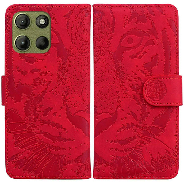 Til Motorola Moto G15 4G Etui Tiger Præget Læder Wallet Telefon Cover Multicolor Red