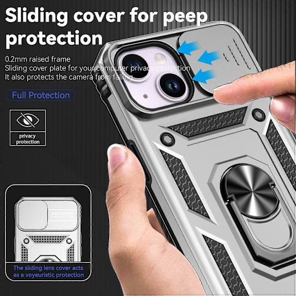 Skal med skjutbart kameraskydd för iPhone 15 Plus Fodral Metallring Ställ PC+TPU Skydd Multicolor Style F