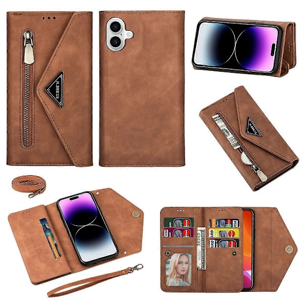 N.BEKUS Fodral till iPhone 16, Plånboksfodral i Läder med Remmar - Svart Multicolor Brown