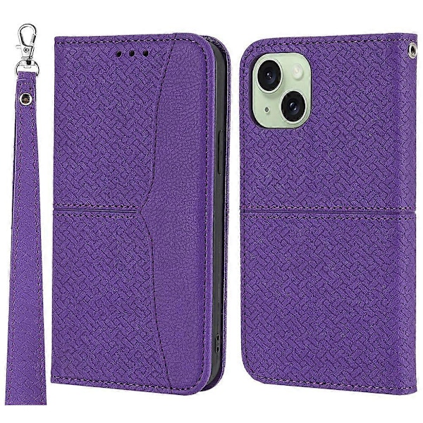 För iPhone 15 Plus Fodral Splitsad PU Läder Ställ Plånboksfodral med Rem Multicolor Style E