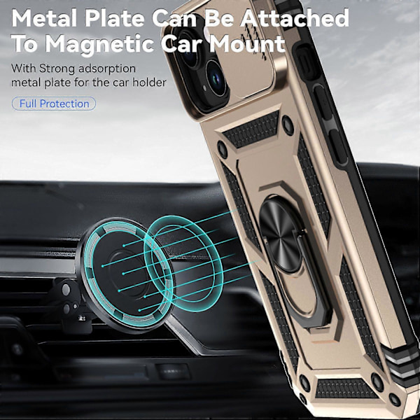 Skal med skjutbart kameraskydd för iPhone 15 Plus Fodral Metallring Ställ PC+TPU Skydd Multicolor Style E