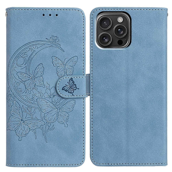 Fodral till iPhone 16 Pro Max med fjärils- och blomstermönster, PU-läder, plånboksställ Multicolor Sky Blue