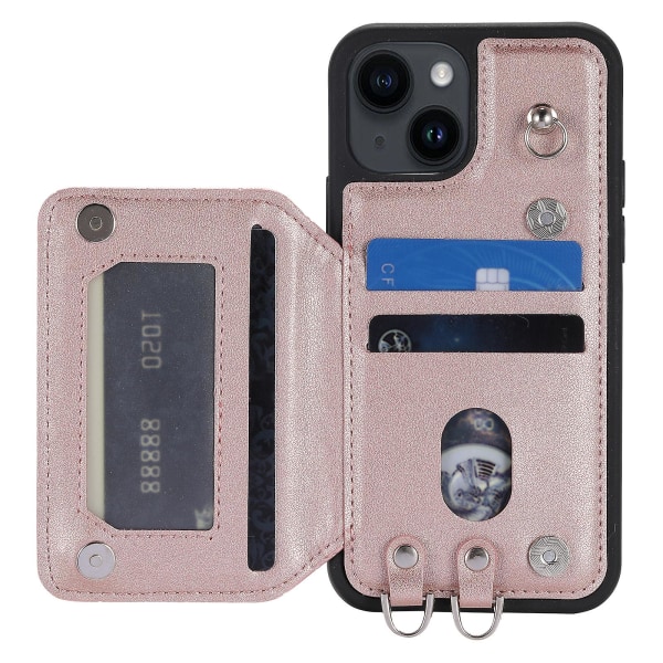 För Iphone 15 Plus Rfid Blocking Case Drop Resistant Pu+tpu telefonskal med handledsrem Rose Gold
