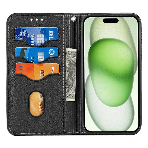 För iPhone 15 Plus Fodral Splitsad PU Läder Ställ Plånboksfodral med Rem Multicolor Style F