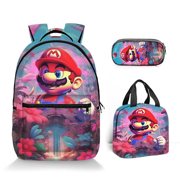 Super Mario Printed Ryggsäck Student Polyester Tecknad Barn Ryggsäck Tredelad Set Style 9
