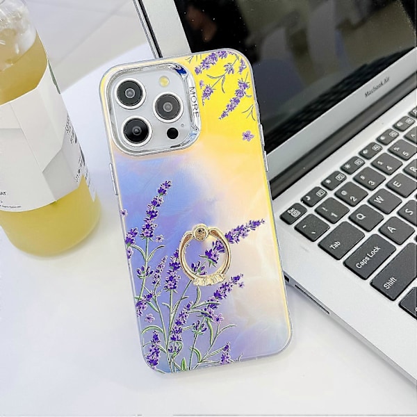 Blommig Lasertextur Skal för iPhone 15 Pro Max med Ringstativ Multicolor Style N