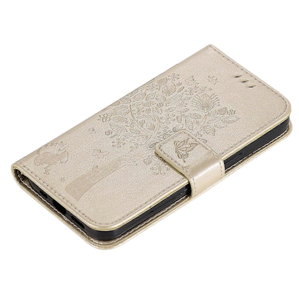 KT Imprinting Flower Series-3 til Samsung Galaxy A35 5G Cover Præget Katte Træ Læder Telefon Cover Multicolor Gold