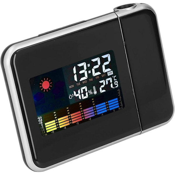Projektionsväckarklocka med väderstation Projektorklocka med temperaturfuktighet med display LED-bakgrundsbelysning för sovrum (svart)