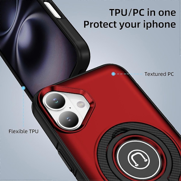iPhone 16 Plus -kotelo TPU+PC Magneettinen autoteline puhelinkuori sormuksella Multicolor Red