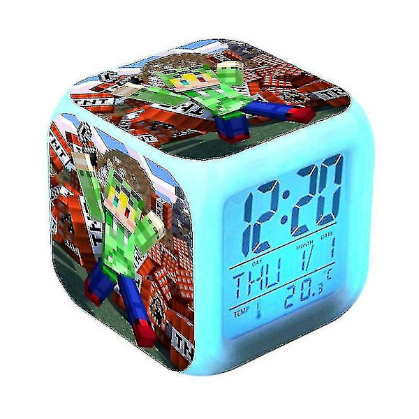 Minecraft färgglada väckarklocka färgskiftande ljus Anime tecknad klocka Mute Night Light