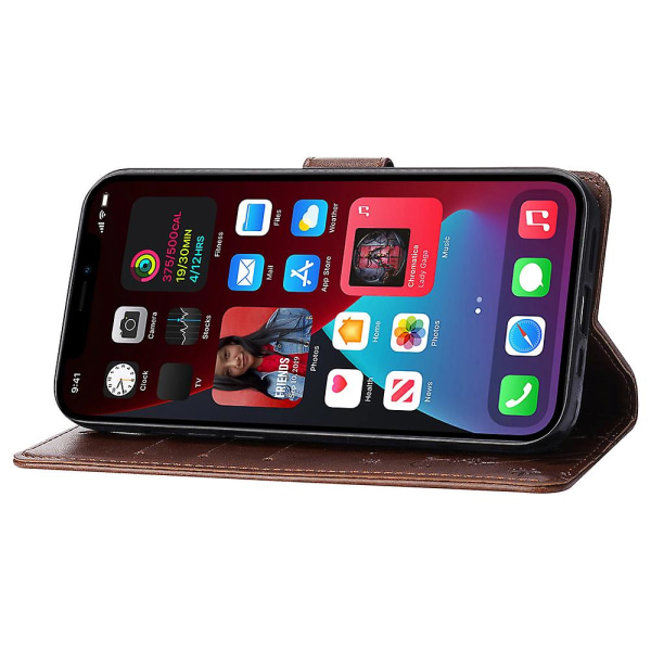 För Iphone 15 Plus Pu Läder Cover Phone case Imprinted Butterflies Shell Stand with rem Brown