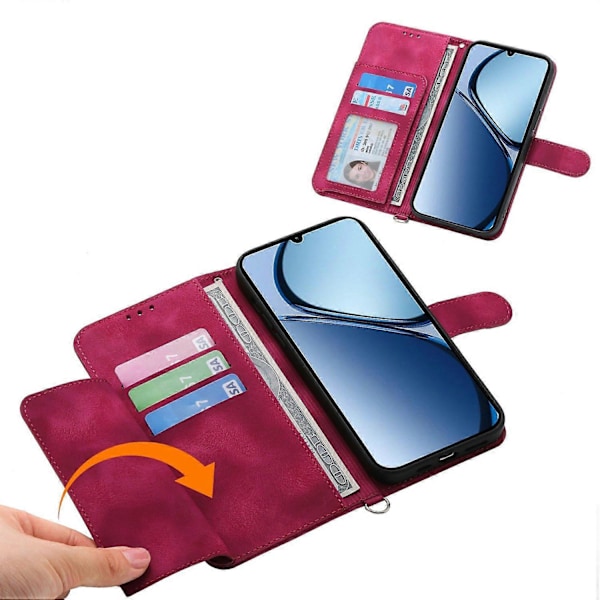 Fodral för Realme 14 5G, blommönster PU-läder plånboksfodral med rem Multicolor Wine Red
