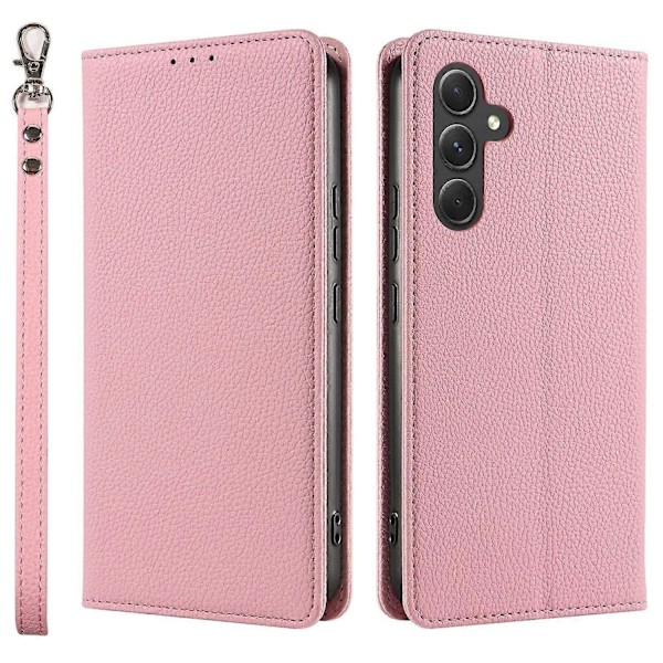 Til Samsung Galaxy A56 5G Etui Magnetisk Litchi Tekstur Tegnebog Læder Telefon Cover med Håndledsrem Multicolor Pink
