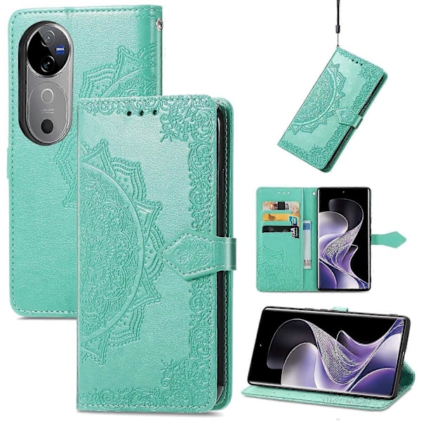 Til vivo V40 5G Etui Mandala Præget Design Læder Wallet Telefon Cover - Grå Multicolor Green