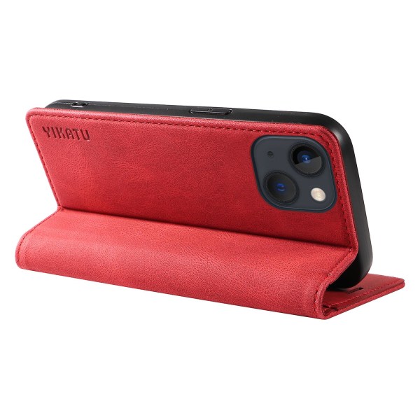 Hudvenlig Beskyttelsesetui til iPhone 15 Plus PU Læderpung Stand Telefoncover Red