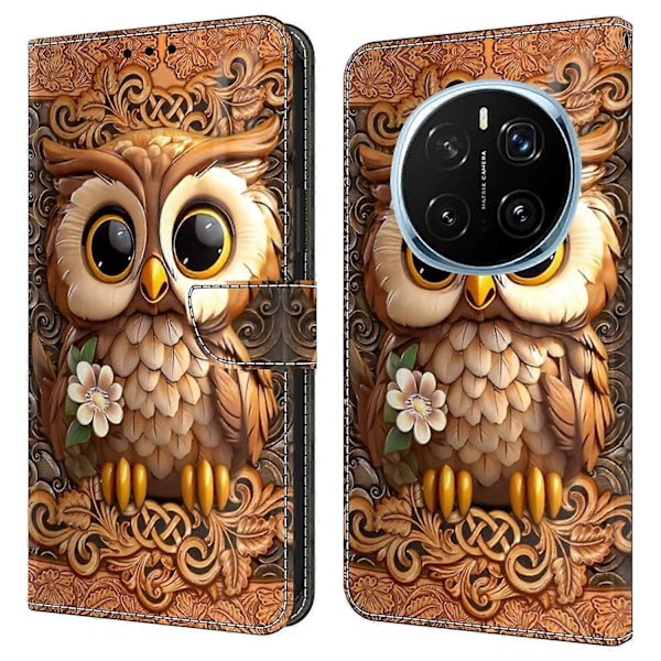 Skal för Honor Magic7 Pro 5G med kortfack, mönstrad tryckt TPU+PU läder flipfodral Multicolor Red Owl